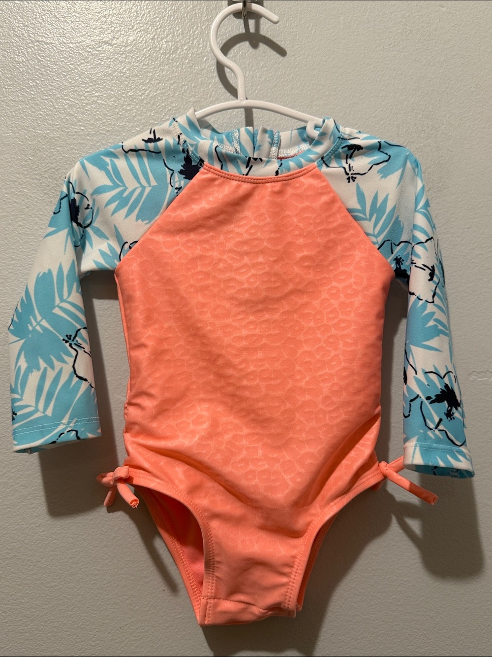 Cat & Jack 12 Months Coral One-Piece Rashguard Swimsuit with Aqua Floral Sleeves